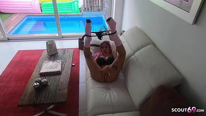 German bombshell Cathy B gets caught jilling off and then fucks him POV cowgirl style