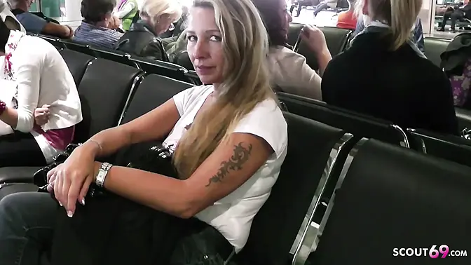 German MILF flashes huge tits on plane and rides cock during holiday