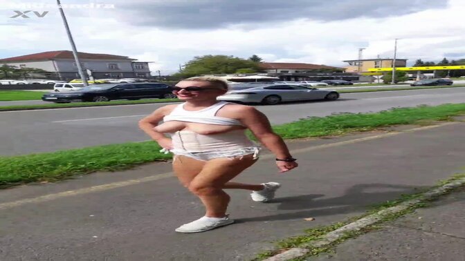 German milf shows tits on the street