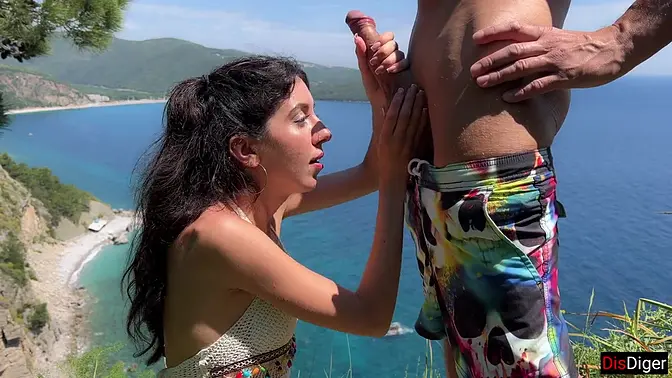 Girl helps stranger cum on mountain trail