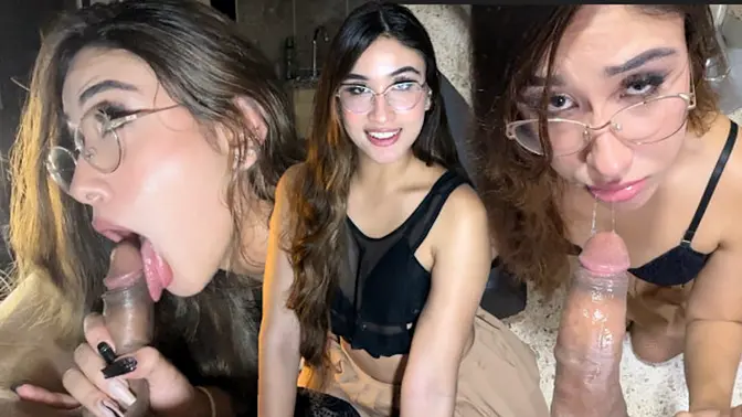 Glasses-clad 19yo girl with big ass deepthroats and swallows cum