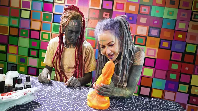 Goth couple explores new dildo's size and girth