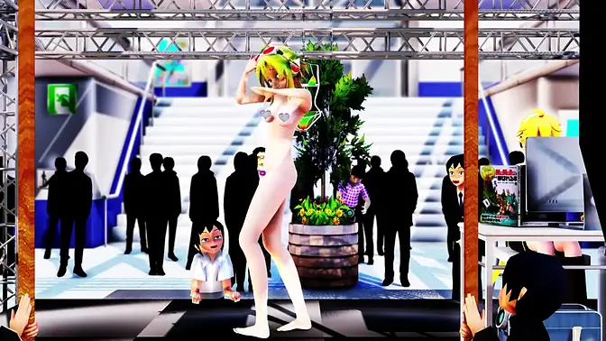 Gumi shows off her naked, curvy body in a public shopping mall