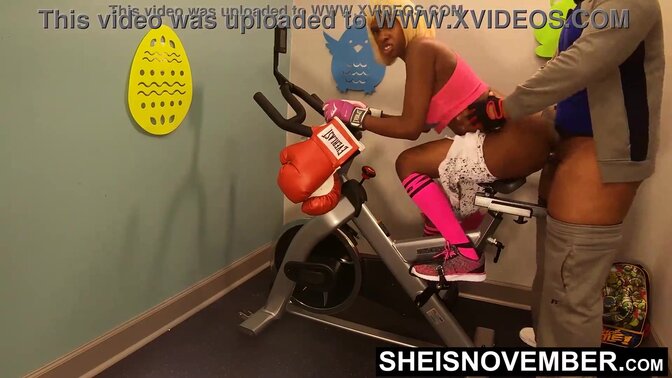 HD Deep Old BBC Anal Fuck For Young Hot Ebony Whore Girl Sitting On Exercise Bike Under View, Sheisnovember Getting Big Butt Fucking By Workout Coach, Screaming From Anal Sodomy, By His Horny Big Dick In Her Tiny Booty Hole, By Msnovember