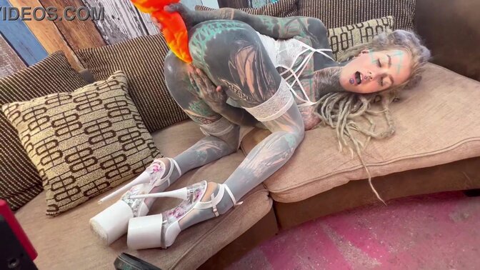 Heavily Tattooed Babe Teases with Big Dildo Anal Play in Solo BTS