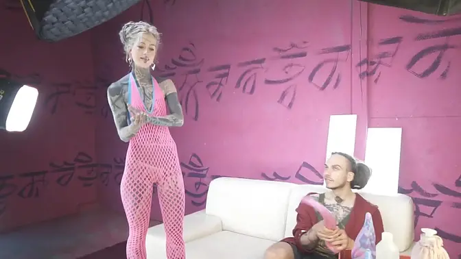 Heavily Tattooed Girl gets deep anal fisting with a big toy