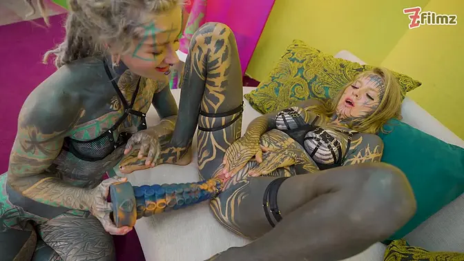 Heavy Tattooed Lesbians Anal Toy Ride & ATM Fun