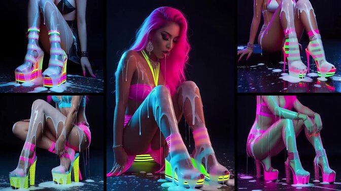 High-heeled vixens get covered in hot cumshots under neon lights