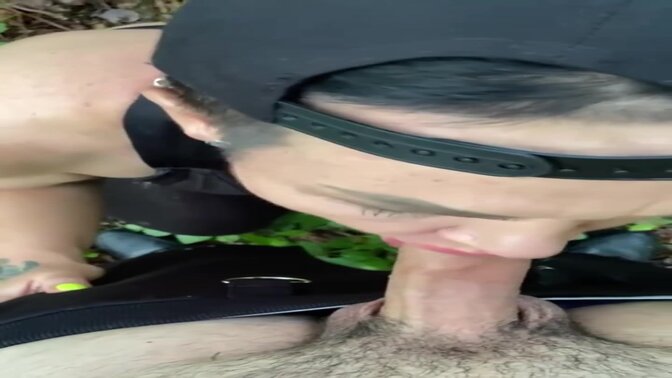 Hot and steamy MILF gives a sensual blowjob in the woods