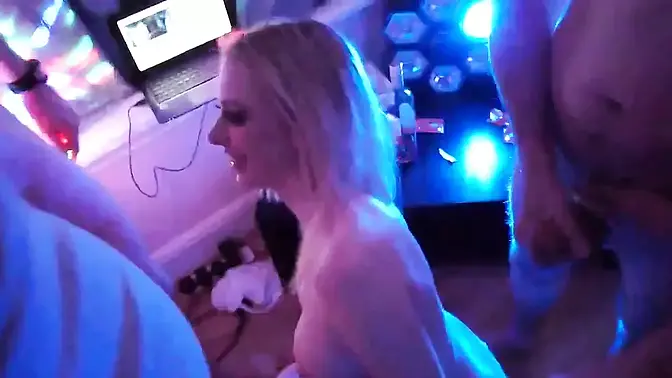 Hot blonde gets gangbanged at swinger party