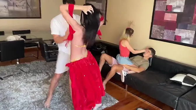 Hot blonde girlfriend and bellydancer have foursome with my friend Jimmy