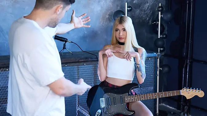 Hot blonde teen stepsister sucks and fucks lucky stepbrother after playing guitar