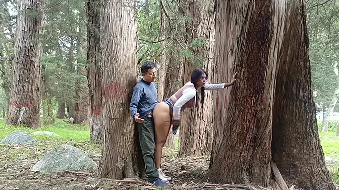 Hot college girl with big ass and busty tits fucks perverted old man in jungle