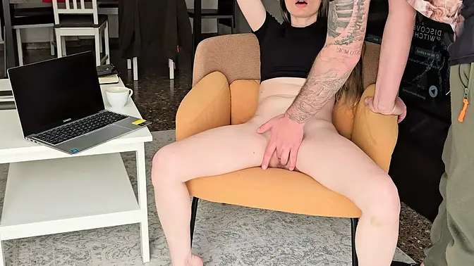 Hot couple finds privacy and fucks on the chair