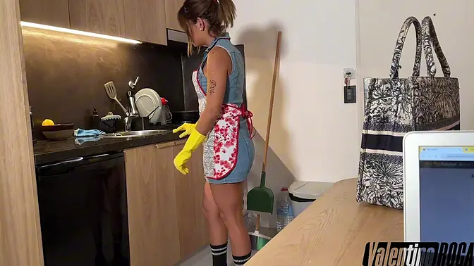 Hot Latina cleaning lady sucks huge cock and cums with it