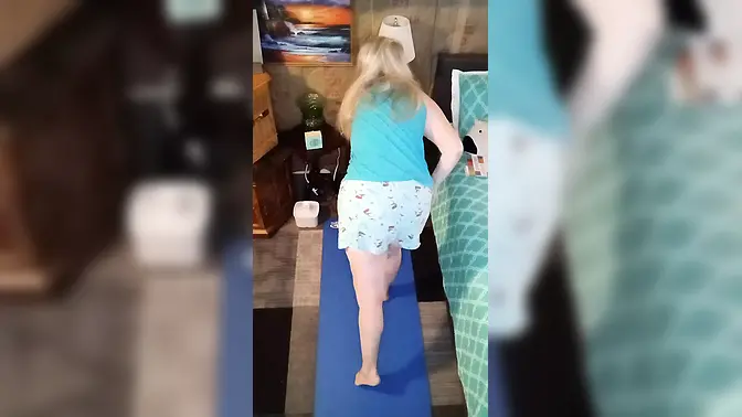 Hot mature MILF Vee shows off big natural tits in naked yoga