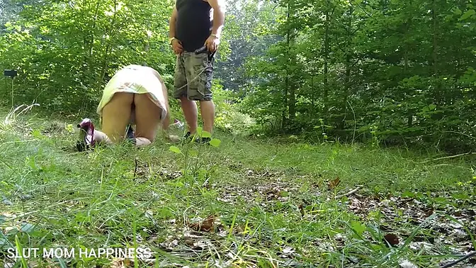 Hot milf submissive slut gets walked in forest in high heels and short skirt