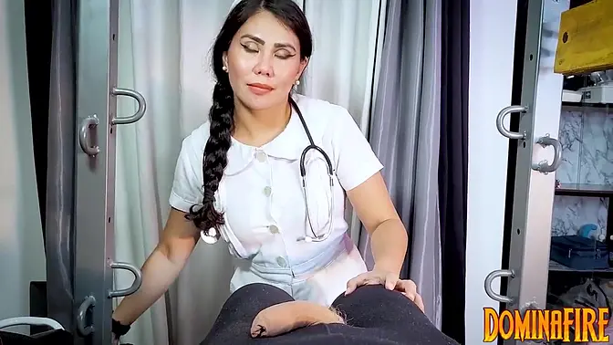 Hot Nurse humiliates patient with metal chastity cage