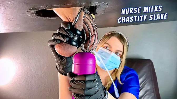 Hot nurse milks chastity slave's big load with a vibe wand