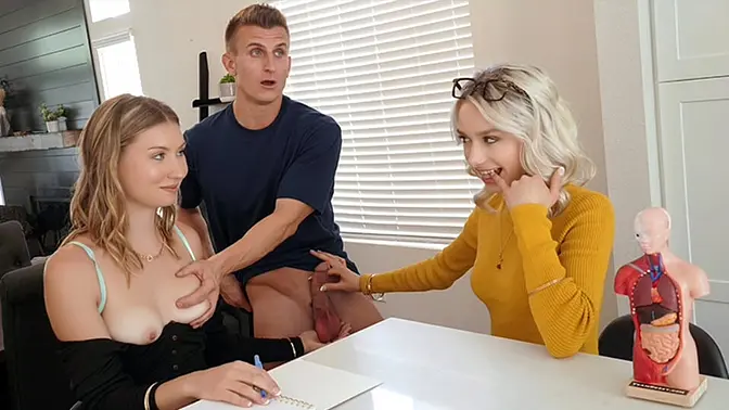 Hot tutor and her student explore anatomy in a 3some