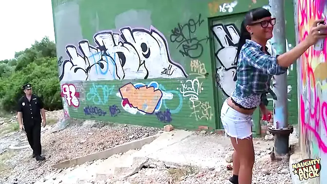 Hung cop disciplines hot brunette for public paint job by railing her beautiful ass