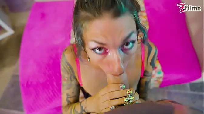 Inked, tall, and sultry brunette Edonè rides monster cock with Nemesi