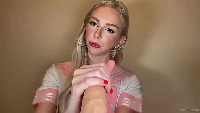 Innocent anime schoolgirl Remi Reagan face fucks and talks dirty while giving a handjob