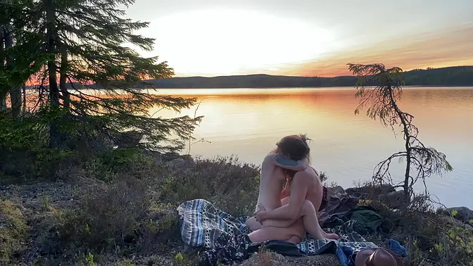 Intimate sunset fuck for real couple at the lake