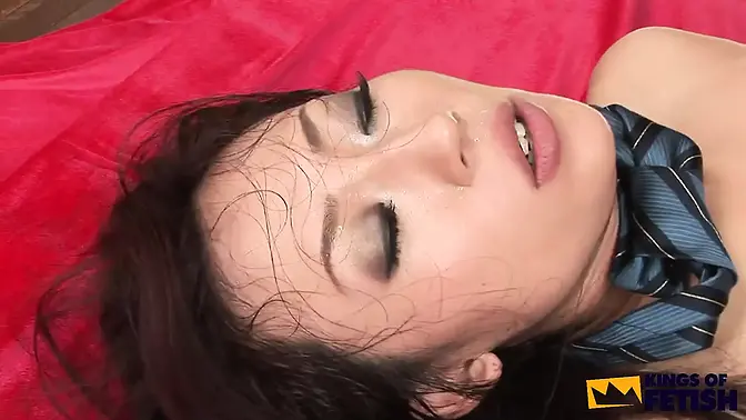 Japanese babe gets rough double penetration from three men, ends up squirting