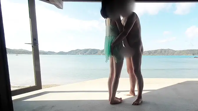 Japanese babe in sexy lingerie on public terrace