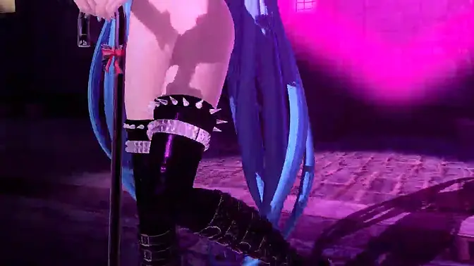 Japanese idol Hatsune Miku strips down in her punk costume, flaunting her big as pussy