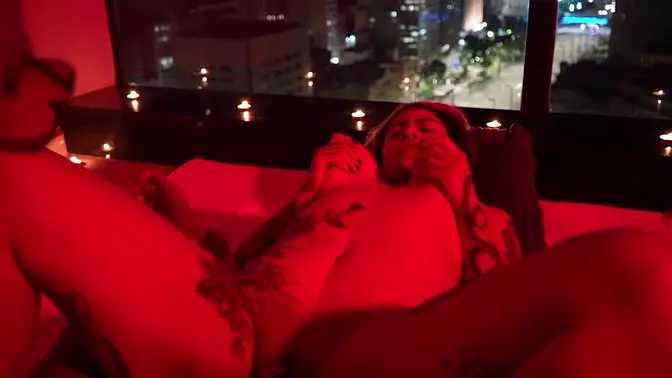 Latina redhead gives a hot blowjob to a huge BBC