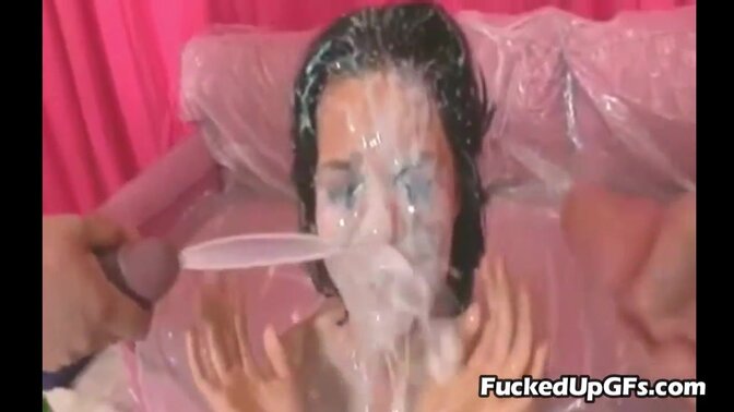 Latina Ruby Knox with Big Boobs Takes Cumshots to Face in Blowbang Bukkake