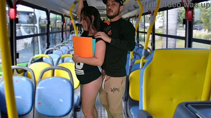 Latina student's round ass grabbed on the bus, rides big cock