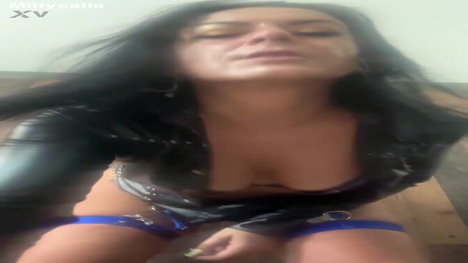 Leather Jacket Twerk Tease in Blue Lingerie