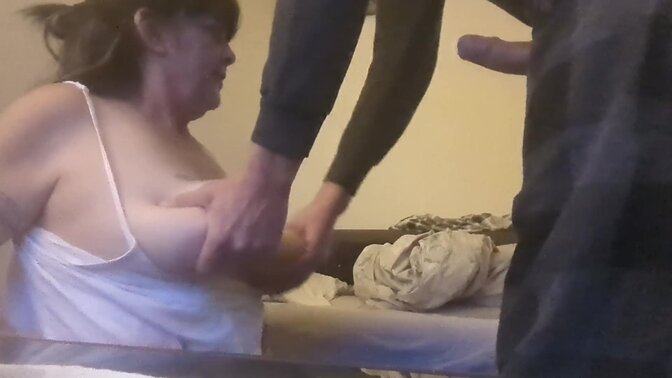 Mature and slutty mom Dawn gives a mouthwatering blowjob with her massive