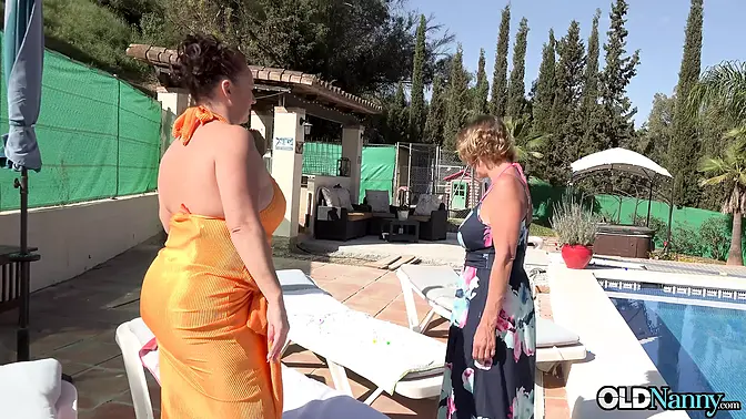 Mature ladies get charmed and horny at pool party