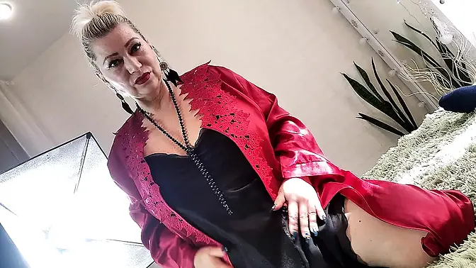 Mature slut wife in red satin negligee