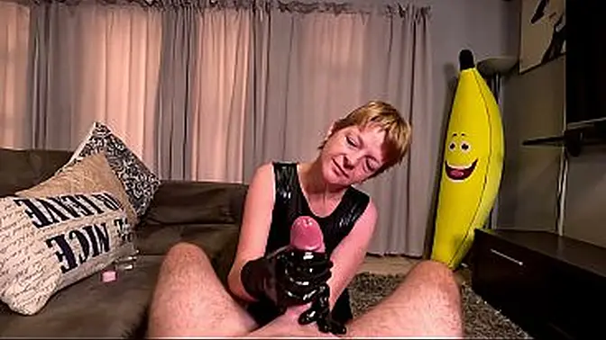 Mature WHORE wearing black dress jerking my BIG COCK in LATEX GLOVES, POV CUMSHOT