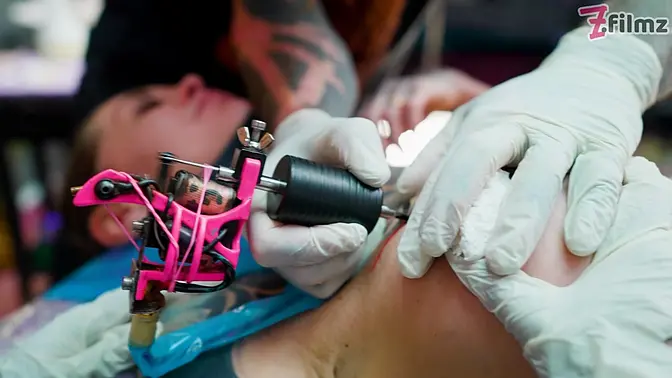 Merry's Tattooed Lover rides big dick in standing foursome