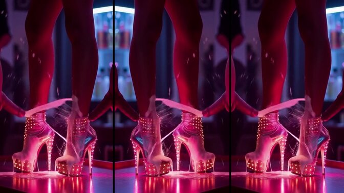 Messy cumshots all over hot legs and heels in a club