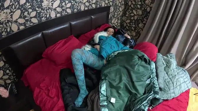 MILF fucks and wanks in her down jacket