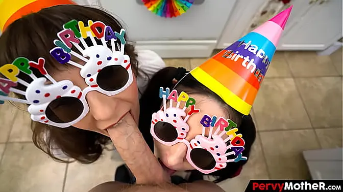 MILF mom and her girlfriend celebrate birthday with a wild POV threesome