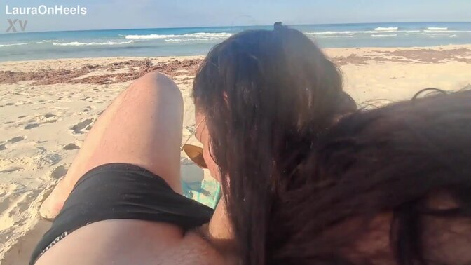 MILF sucks cock and swallows cum on the beach POV
