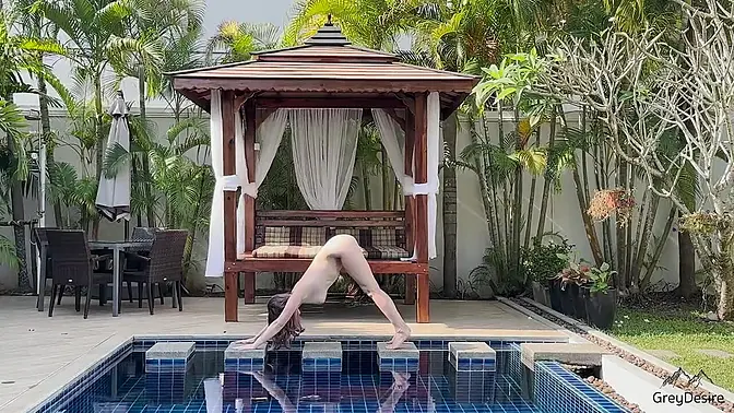 Naked Yoga MILF balances on fit ass and tits