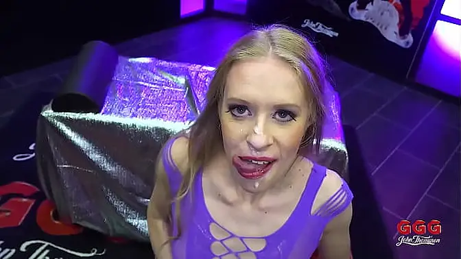 Naughty blonde Nikki Riddle deep throats and swallows big cock