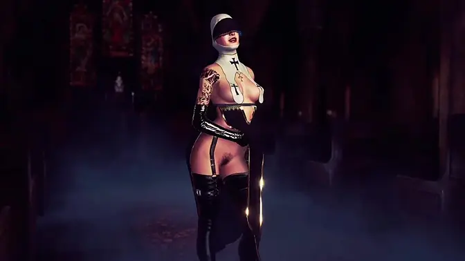 Naughty gothic nun MILF dances in revealing latex outfit at church