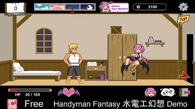 Naughty handyman shows off his tools in a 2D game