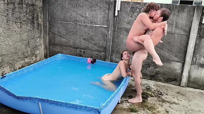 Naughty Latina teenies enjoy poolside group sex