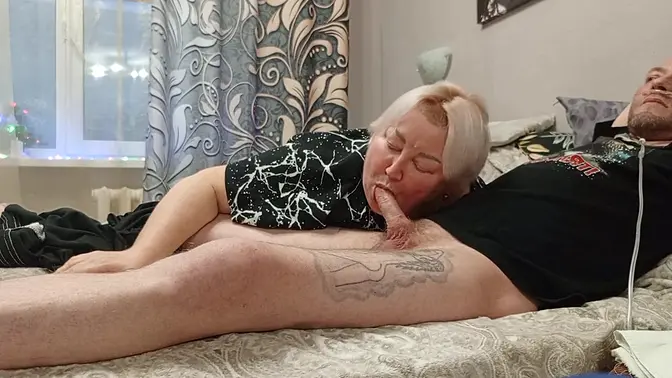 Naughty MILF gives surprise evening blowjob and swallows cum